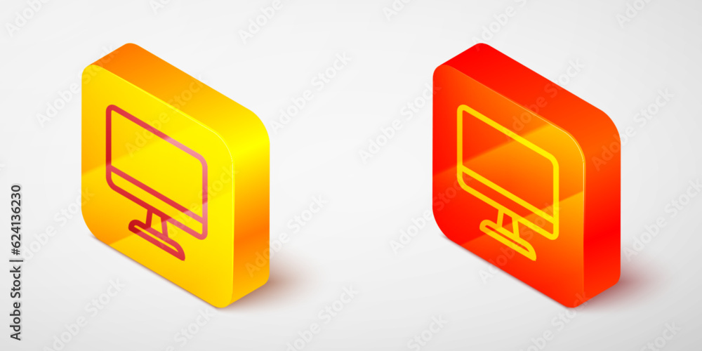 Poster isometric line computer monitor screen icon isolated on grey background. electronic device. front vi