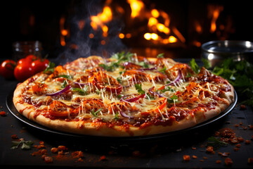 Obraz na płótnie Canvas Hot tasty traditional italian pizza with meat and vegetables with smoke and fire, AI Generated