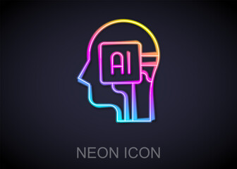 Glowing neon line Humanoid robot icon isolated on black background. Artificial intelligence, machine learning, cloud computing. Vector