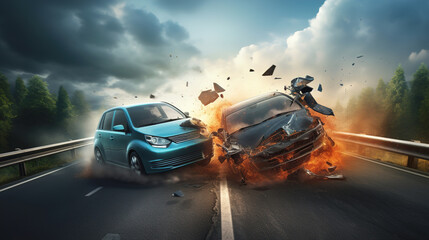 Road traffic accident of two cars on the road. AI generation