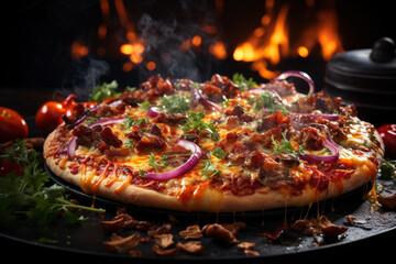 Hot tasty traditional italian pizza with meat and vegetables with smoke and fire, AI Generated