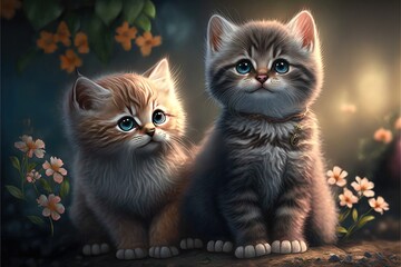 Happy kittens illustration with background flowers