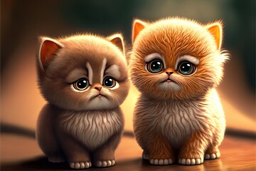 Heartwarming kitten pair portrait. Cute animal illustration.