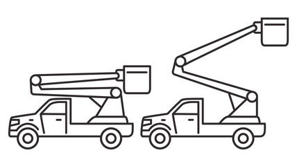 Bucket truck line icon.Bucket boom truck side view.Aerial platform.Crane truck with basket.Bucket boom truck.Picker high lift platform.Vector outline illustration.Isolated on white background. © dukesn