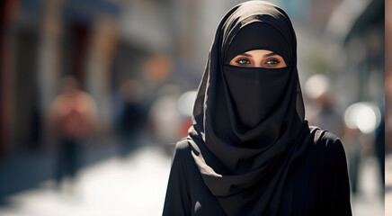 Arab girl in a black hijab close-up. AI generation - obrazy, fototapety, plakaty