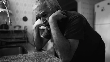 Dramatic senior in despair struggling with mental illness at home in monochrome, black and white. Older person suffering alone in desperation