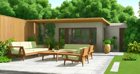 Fototapeta premium indoor garden with fountain environment living room interior mid century modern retro design wood furniture, Generative AI, Generative, AI