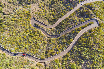 Top view of the serpentine road in the lowlands of the mountain