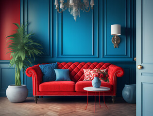 the interior of the living room with a red sofa bright blue wall, AI Generation