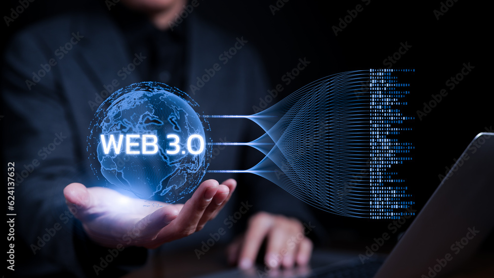 Poster web 3.0 technology concept. businessman hand showing futuristic internet 3.0 connection virtual real