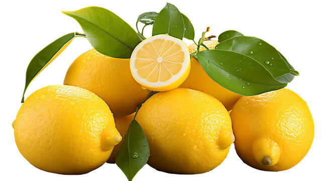 Fresh organic lemon fruits with leaves illustration transparent background