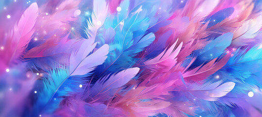 Fototapeta na wymiar Art abstract background festive celebratory. Drop water, sequins and stars on feather blue and pink colors