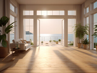 interior of a country house with a view of the beach, AI Generation