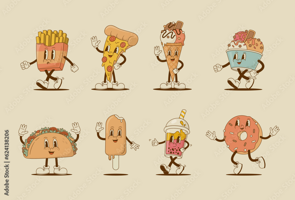 Wall mural set of retro 70s cartoon funny characters. pizza, taco, ice cream, bubble tea, donut mascot. vintage