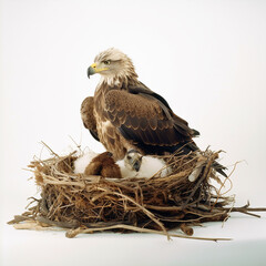 Eagle in a nest of branches on a tree, a large bird of prey, isolated on white close-up, generative ai