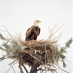Eagle in a nest of branches on a tree, a large bird of prey, isolated on white close-up, generative ai