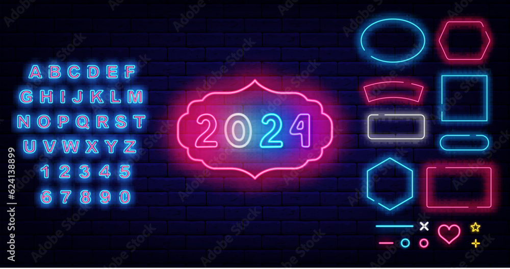 Wall mural 2024 neon label. happy new year banner on brick wall. glowing blue alphabet. vector stock illustrati