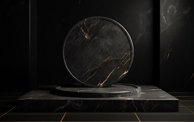 Black marble showcase product background stand or podium pedestal on dark display