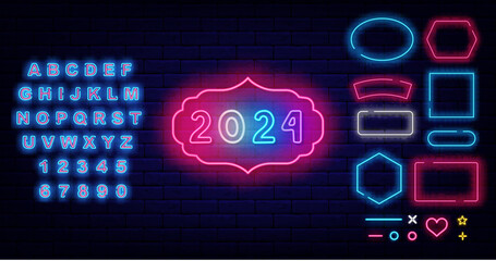 2024 neon label. Happy new Year banner on brick wall. Glowing blue alphabet. Vector stock illustration
