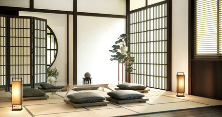 Zen room interior with low table and pillow on tatami mat in wooden room japanese style.