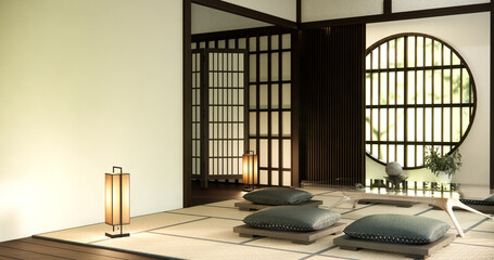 Zen room interior with low table and pillow on tatami mat in wooden room japanese style.