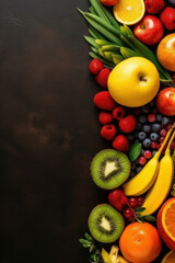 Vertical background with copy space, fruits, flatlay. AI generative.