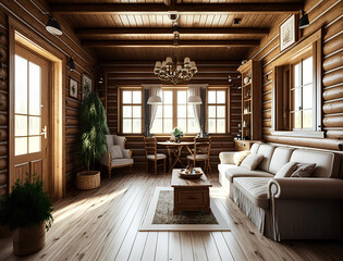 Fototapeta premium wooden interior of a country house spacious living room on the second floor, AI Generation