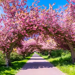 Design an eye-catching poster featuring a pink tree in a purple garden. wallpaper tree color pink plant purple garden grass flowers bloom spring in the park