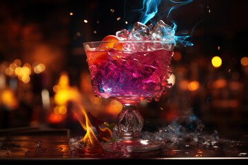 Fototapeta na wymiar Multicolor alcoholic cocktail with fire and smoke in a bar, nightclub party concept, AI Generated