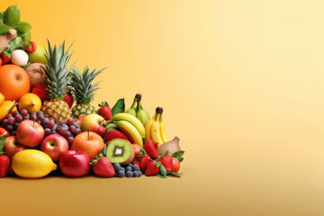 Background with copy space on the right, fruits and berries on a yellow background. AI generative.