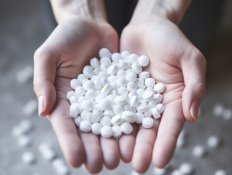 A heap of white pills fill the hands of a white woman.