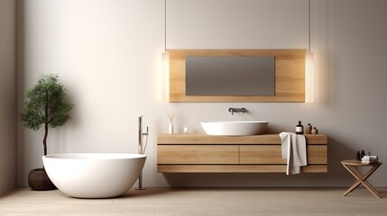 Naklejka na ściany i meble Minimalist interior design of modern bathroom with wooden panel and wall mounted vanity generative ai