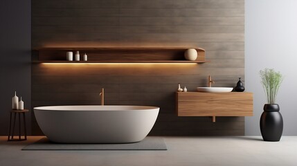 Minimalist interior design of modern bathroom with wooden panel and wall mounted vanity generative ai