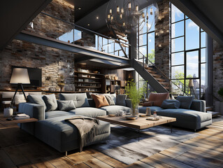 Modern interior of a living room. Penthouse Loft with dark stone walls, AI Generation