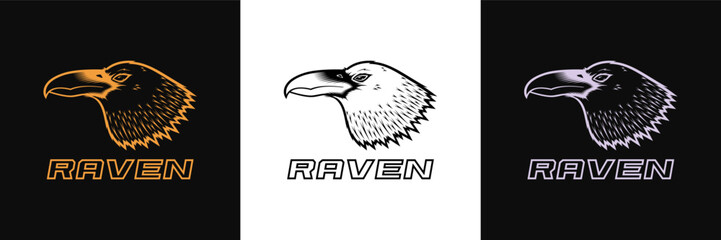 Outline raven logo set in golden, black and silver colors. Vintage raven mascot, vector illustration. Linear raven head, crow vector sign. Crow logotype, emblem for graphic and apparel design