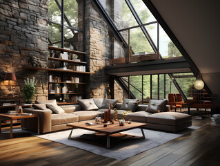 Modern interior of a living room. Penthouse Loft with dark stone walls, AI Generation