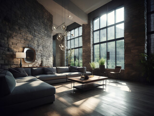 Modern interior of a living room. Penthouse Loft with dark stone walls, AI Generation