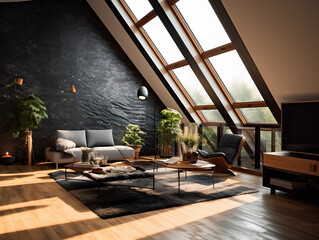 Modern interior of a living room. Penthouse Loft with dark stone walls, AI Generation