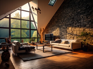 Modern interior of a living room. Penthouse Loft with dark stone walls, AI Generation