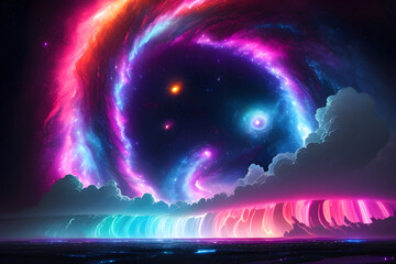 Planet with electrical storms, colorful and spectacular, scene of beautiful destruction, spiral nebulae, science concept, generative ai	
