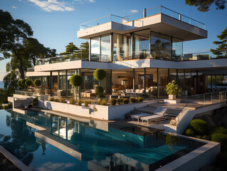 spacious modern villa with large windows, AI Generation