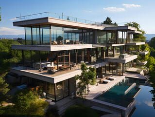 spacious modern villa with large windows, AI Generation