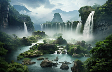 bello paisaje islandes con cascadas y vegetacion verde. Ilustracion de ia generativa