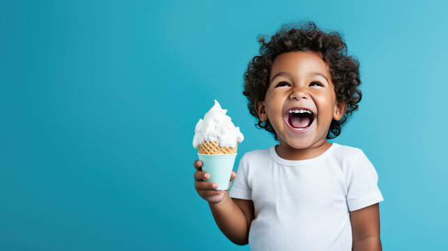 Happy African American Child With Ice Cream In A Waffle Cone, Isolated On Blue Background. Generative AI.