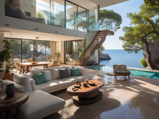 spacious modern villa with large windows, AI Generation