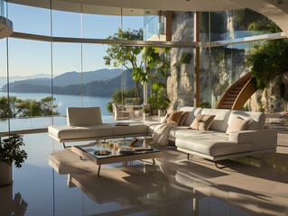 spacious modern villa with large windows, AI Generation