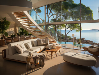 spacious modern villa with large windows, AI Generation