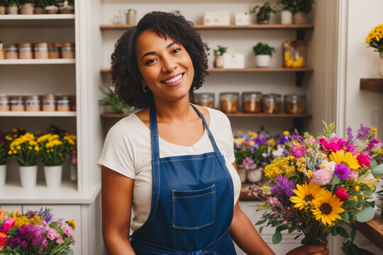 Portrait of a smiling happy senior black woman prepares bouquets of flowers in a small flower shop at early morning. Concept of biophilia lifestyle. Generative AI