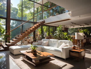 spacious modern villa with large windows, AI Generation