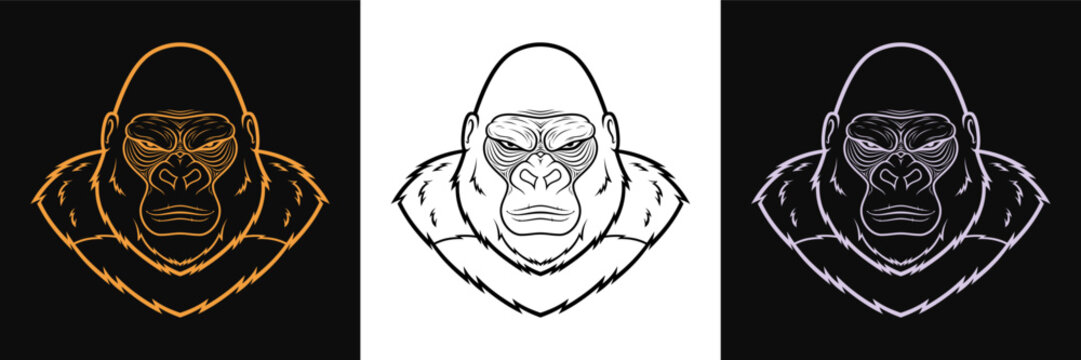 Outline gorilla logo set in golden, black and silver colors. Vintage gorilla mascot, vector illustration. Gorilla head silhouette, angry monkey beast. Ape logotype, emblem for print and apparel design